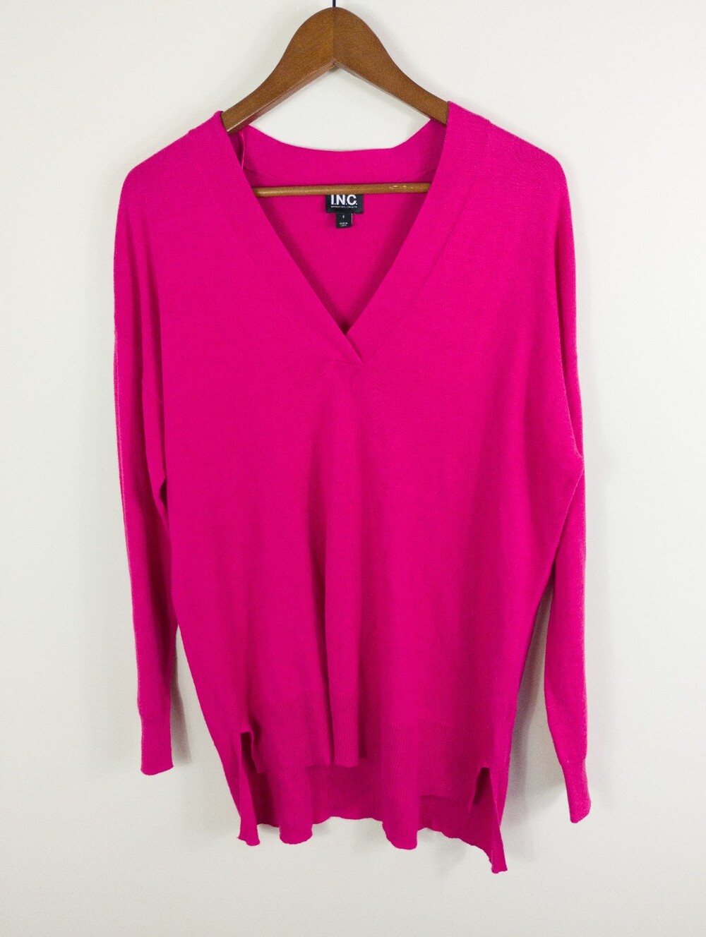INC International Concepts Fuchsia Pink V Neck High Low Knit Sweater Small